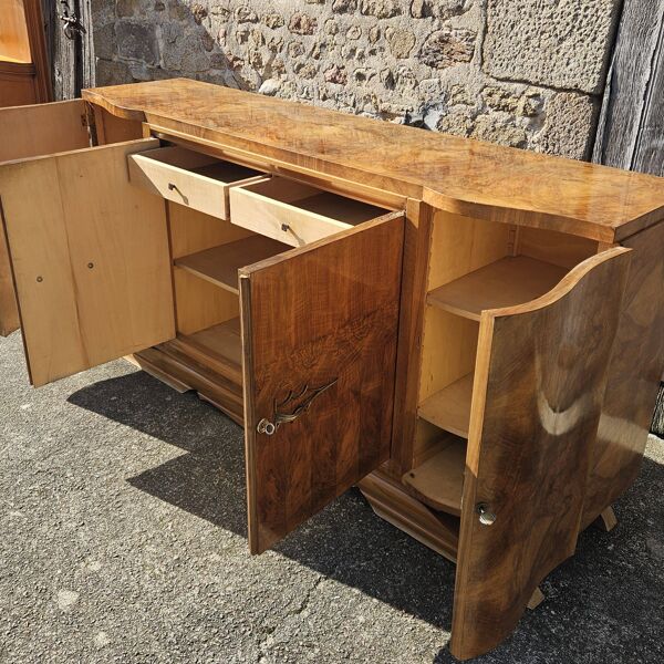 Buffet Art Déco français - Buffet en bois d'orme en placage brillant - Années 30