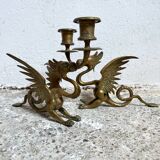 Paire de bougeoirs dragon laiton phoenix griffon