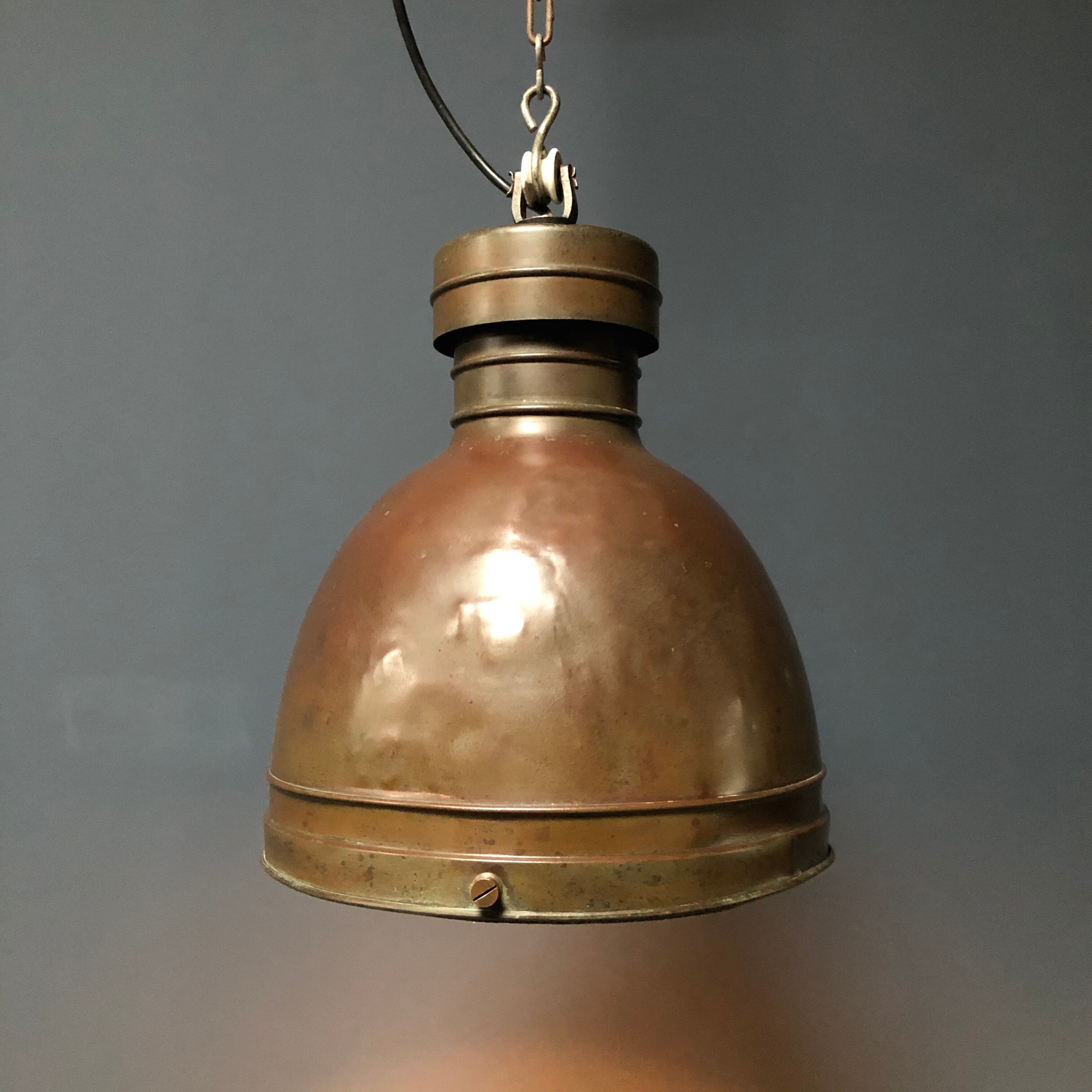 Old copper industrial church pendant light, Dutch 1930