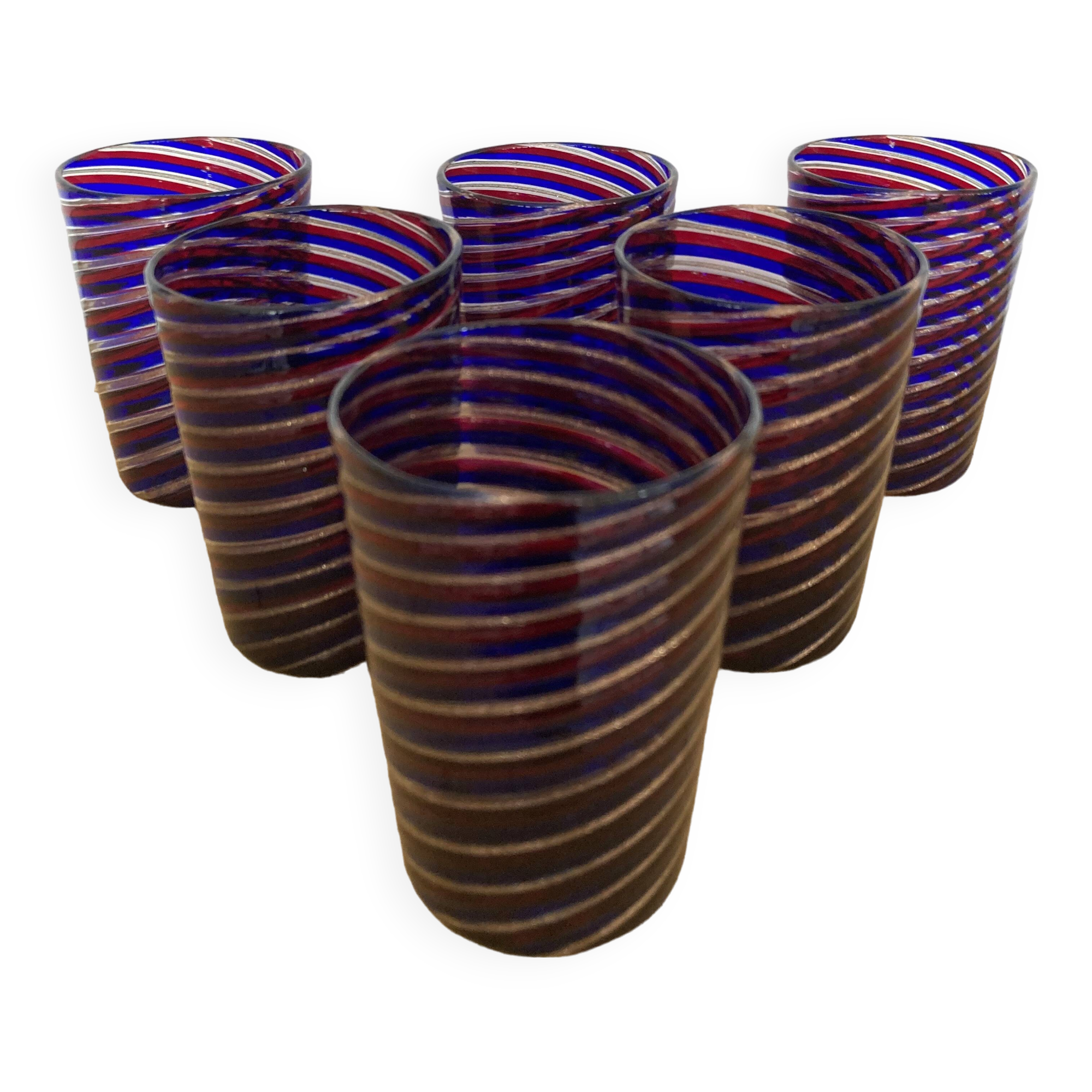 6 verres gobelets d'art Murano spirales tricolores