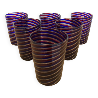 6 verres gobelets d'art Murano spirales tricolores