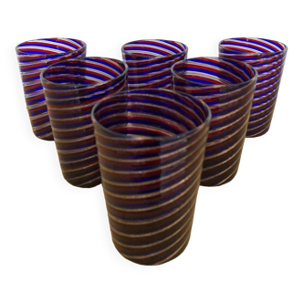6 Murano art goblet glasses tricolor spirals
