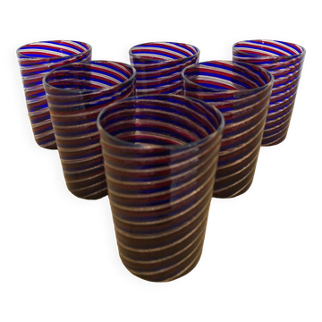 6 Murano art goblet glasses tricolor spirals