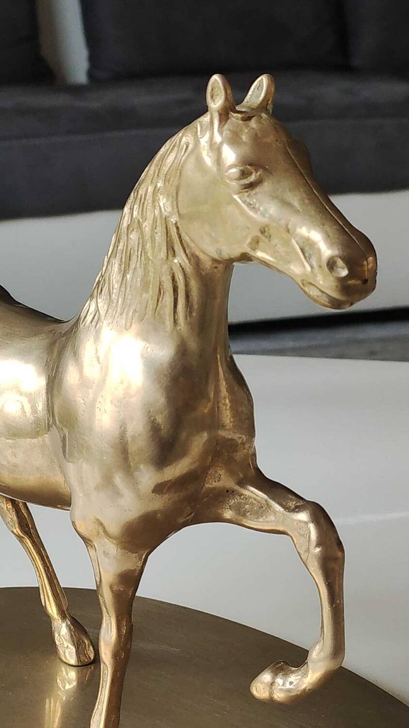 Large vintage horse in exercise figurine on oval base, in polished brass 26 x 19 cm