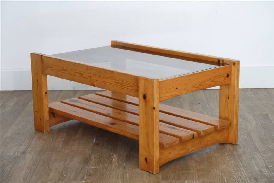 1970s pine and glass coffee table