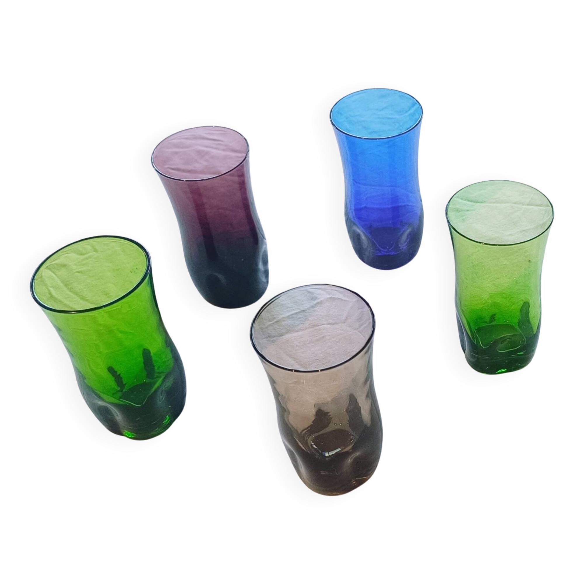 5 aperitif glasses, smoked glass, Portieux glassworks, 1970s