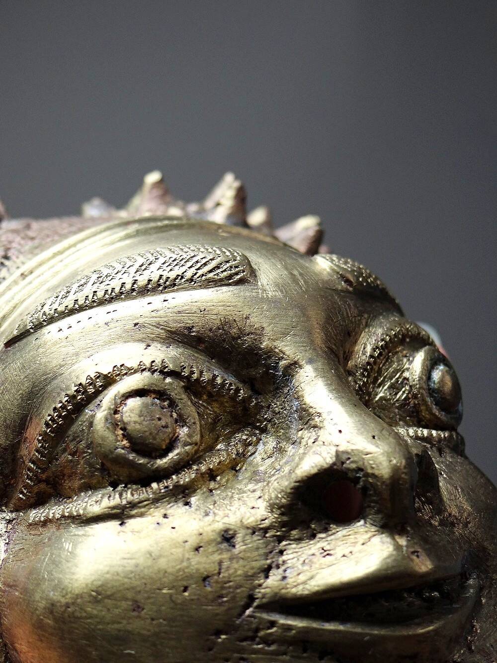 Small gilded bronze Oba mask from Bamoun, Cameroon, vintage Africa