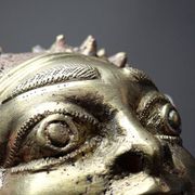 Small gilded bronze Oba mask from Bamoun, Cameroon, vintage Africa