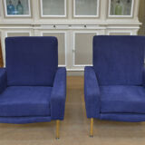 Pair of armchairs and ottoman vintage 1950 in blue velour and brass