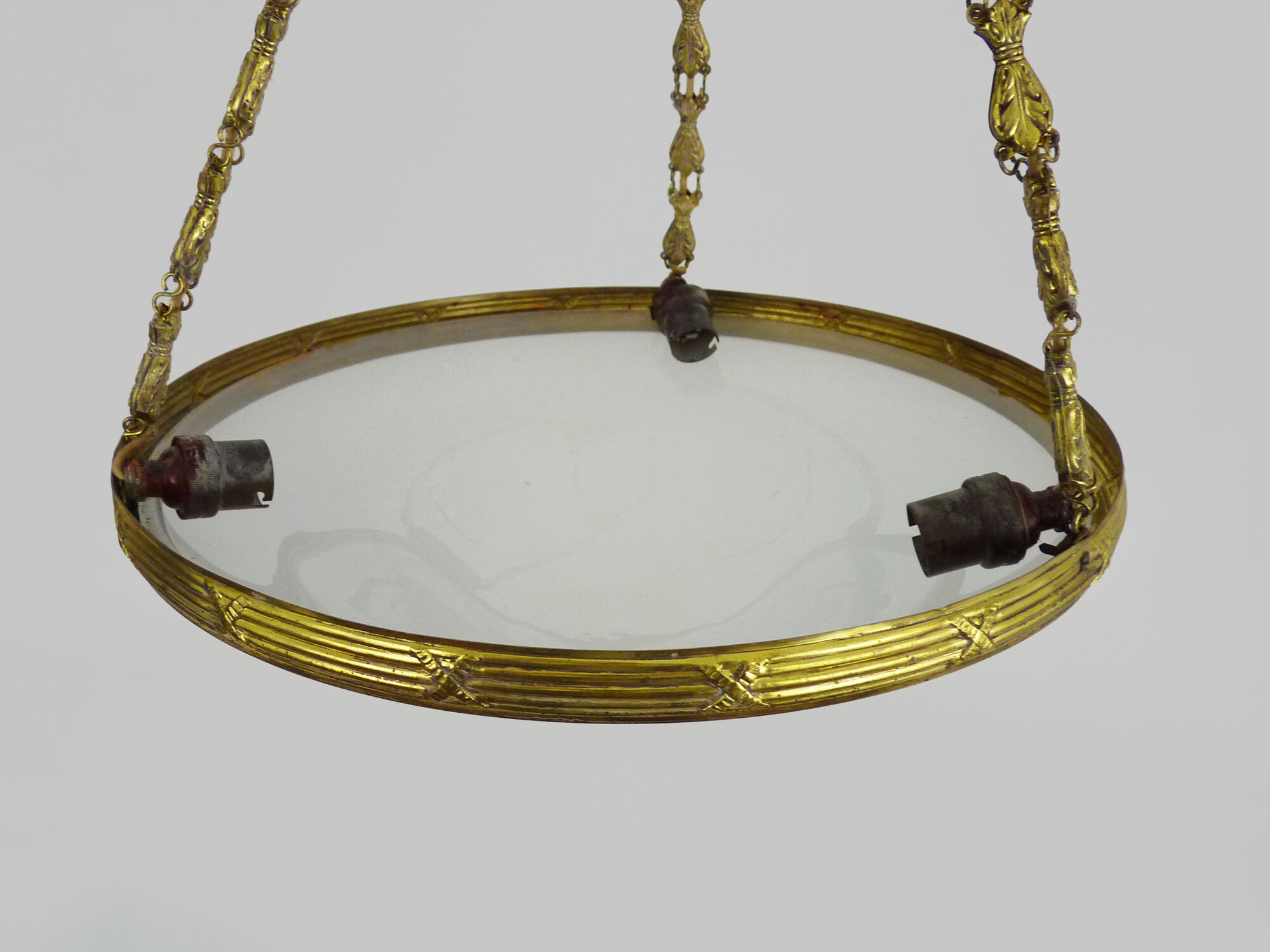 Art nouveau glass washbasin suspension, bronze structure with 3 lights