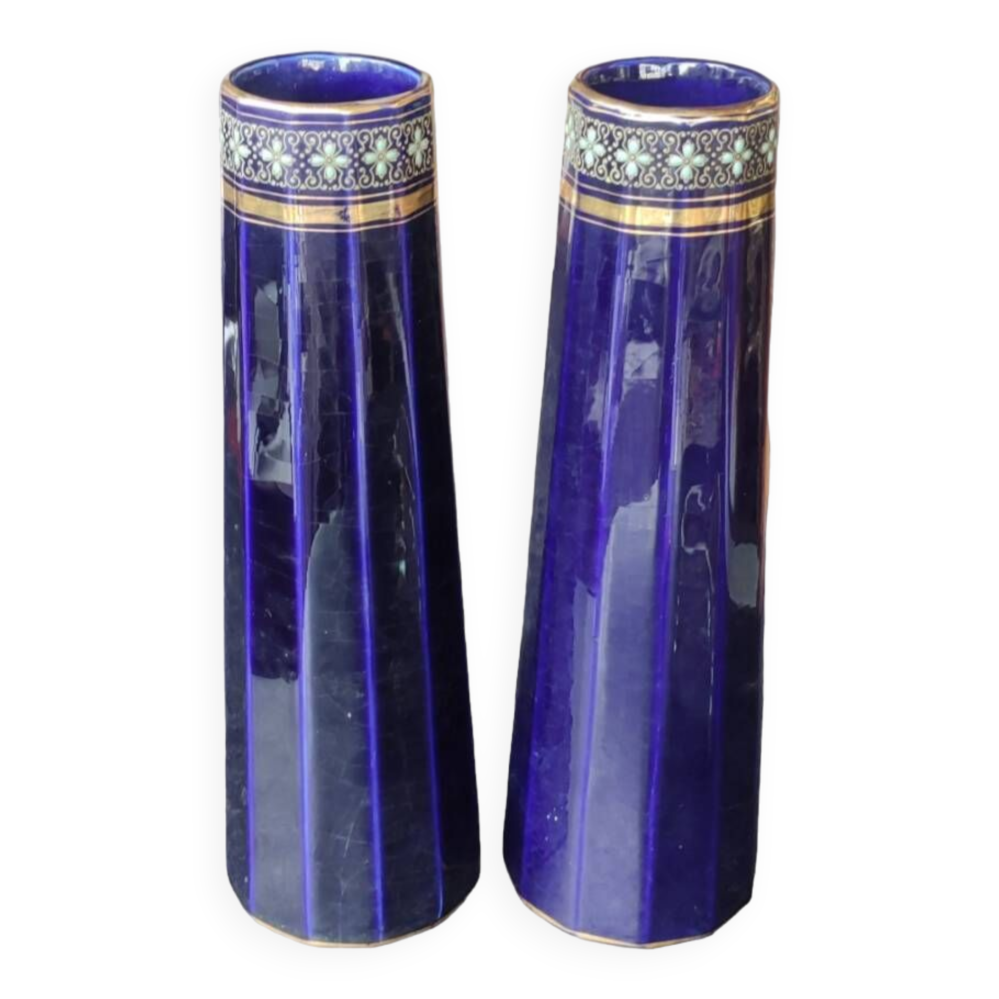 Pair of old vases/enameled decoration/gustave de bruyne