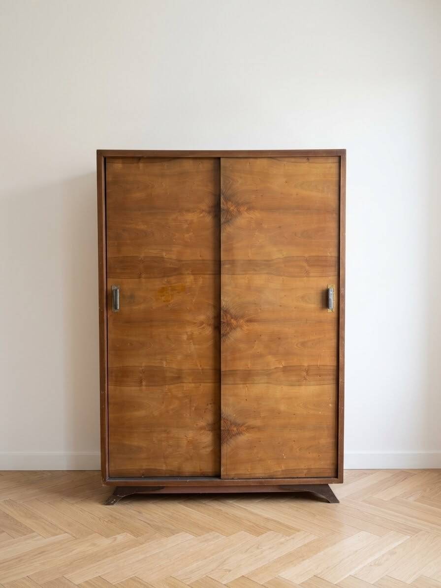 Vintage 1950s wardrobe with sliding wooden doors.