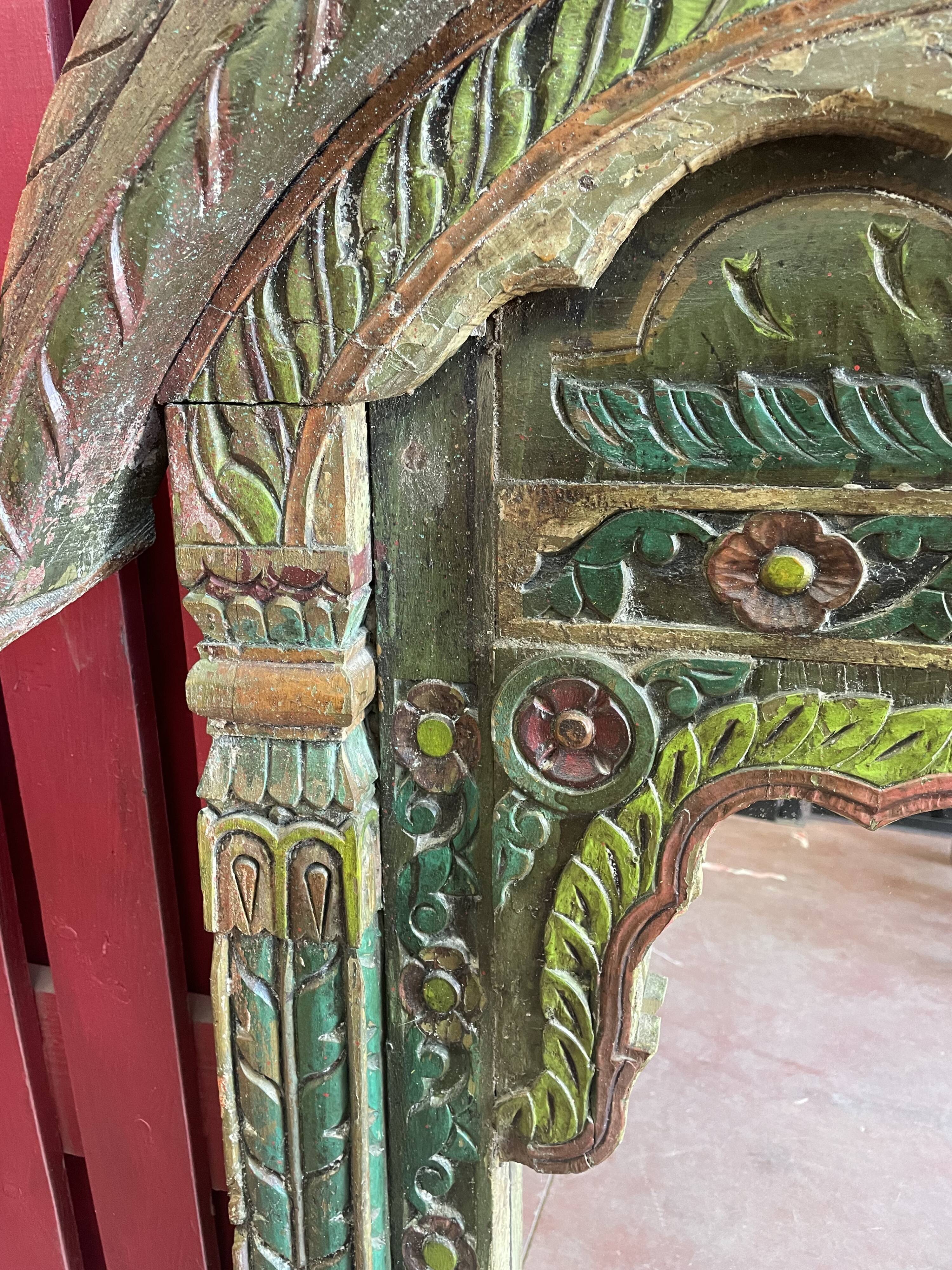 Polychrome teak mirror plant décor India Rajasthan late 1800 97x163cm