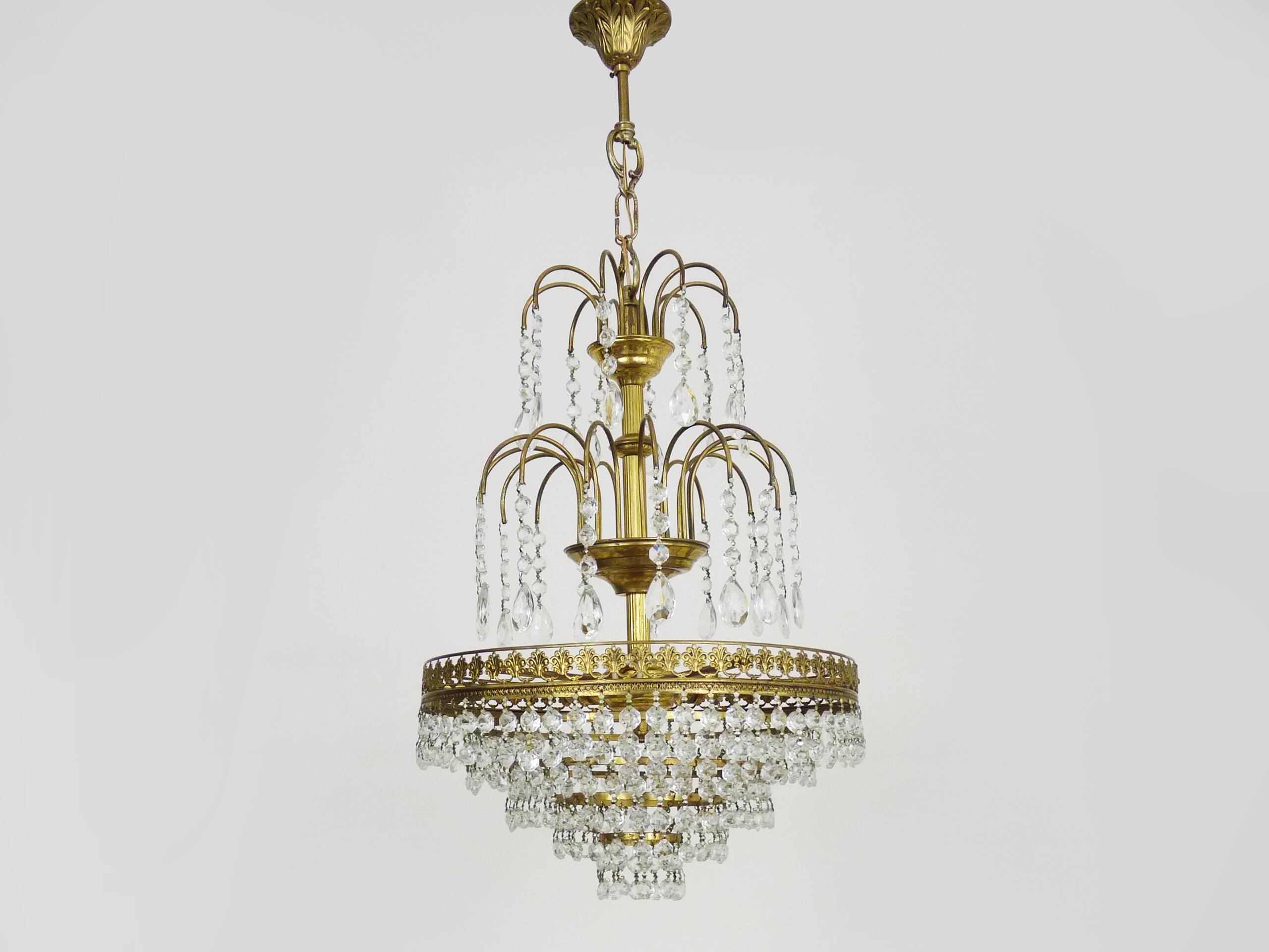 Chandelier, brass crown ceiling light, 5 floors, 3 lights, glass pendants. 60s