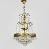 Chandelier, brass crown ceiling light, 5 floors, 3 lights, glass pendants. 60s