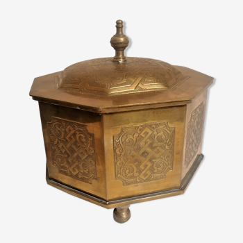 Old oriental tea box in engraved brass