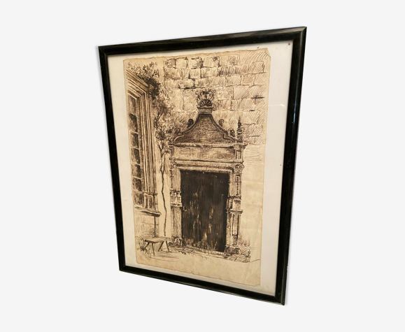 Dessin à l'encre début XXe représentant une entrée de demeure style Renaissance