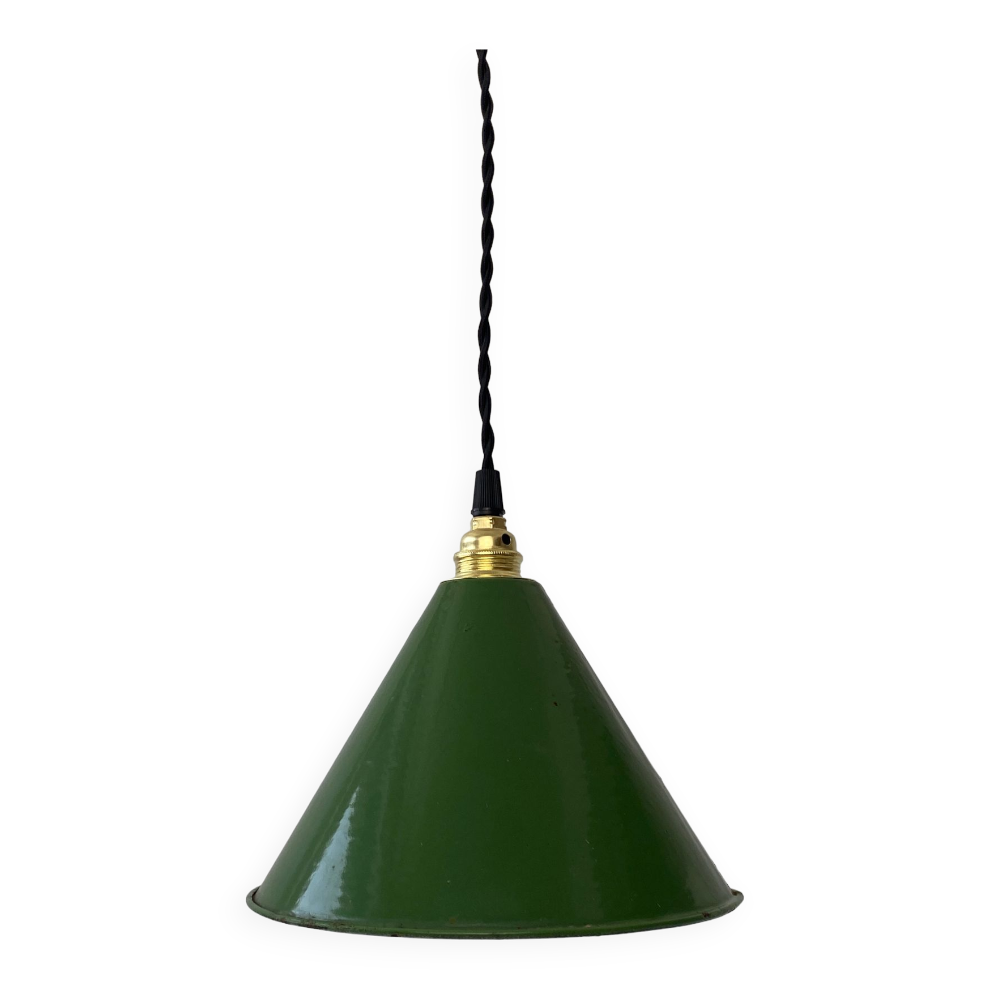 Old green enamelled conical industrial hanging lamp