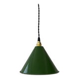 Old green enamelled conical industrial hanging lamp
