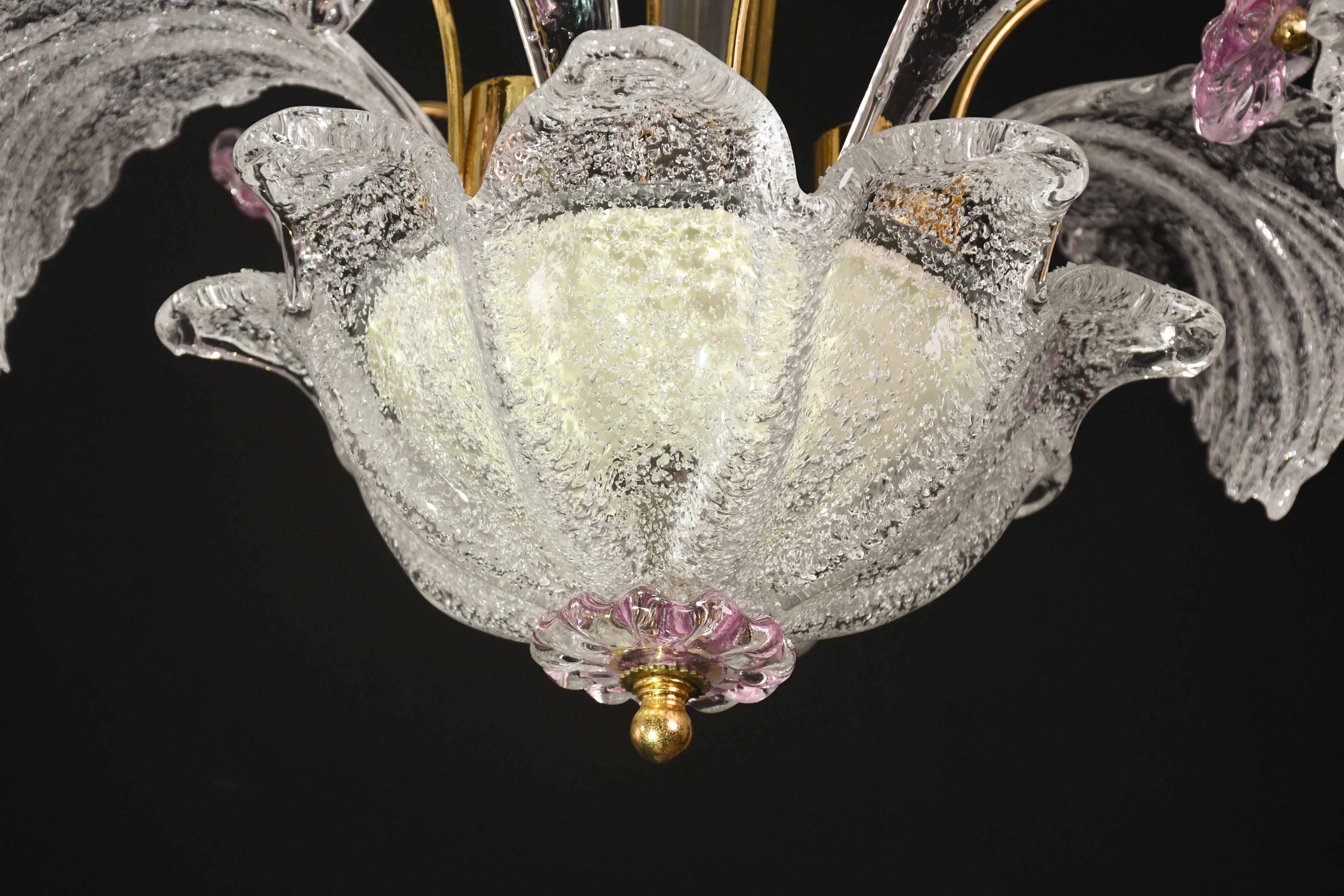 vintage Venetian chandelier, pink flower Murano glass, 1970s