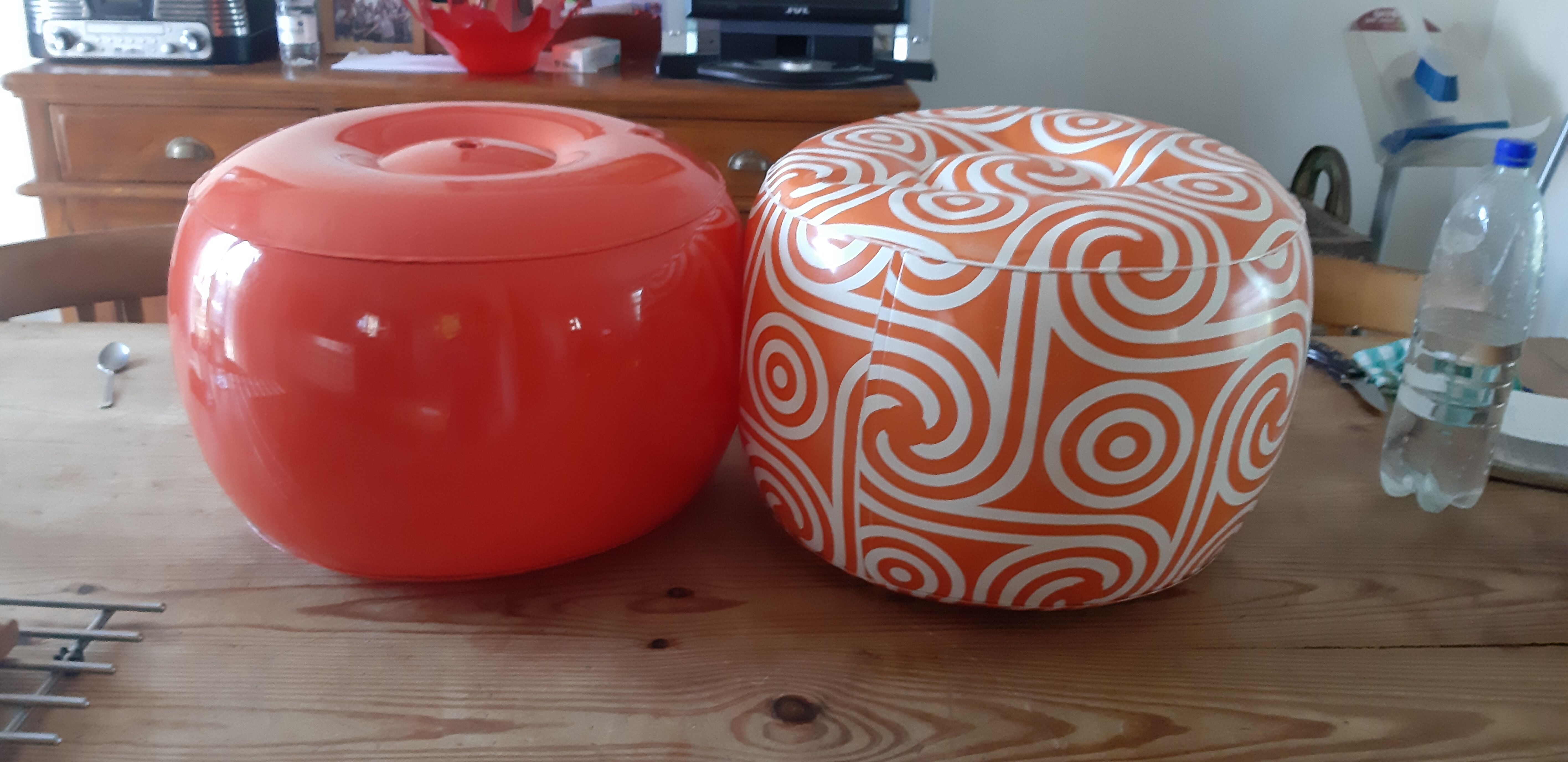 2 vintage inflatable poufs in orange plastic