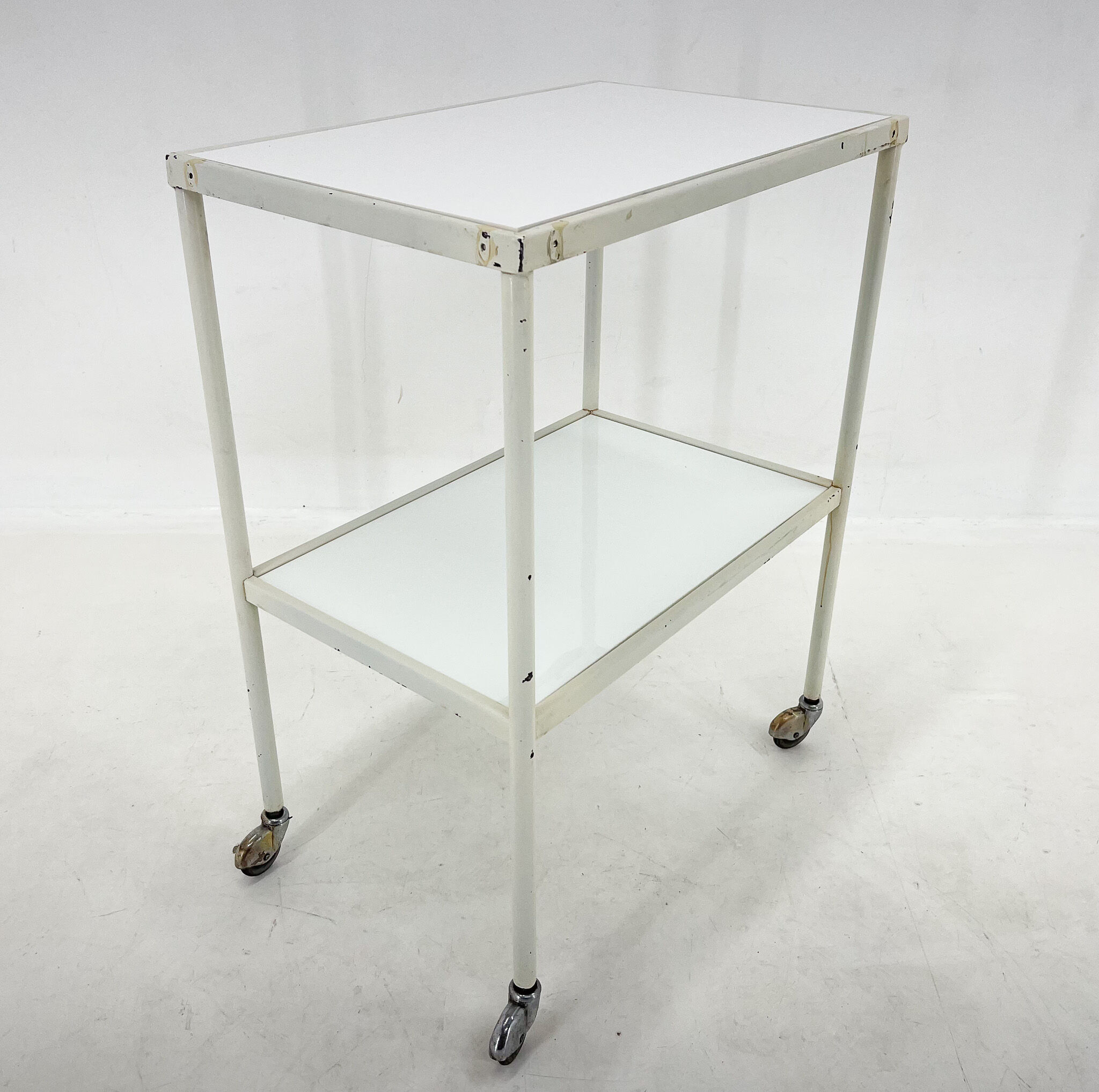 1950's hospital table, trolley on wheels with opaxite glass