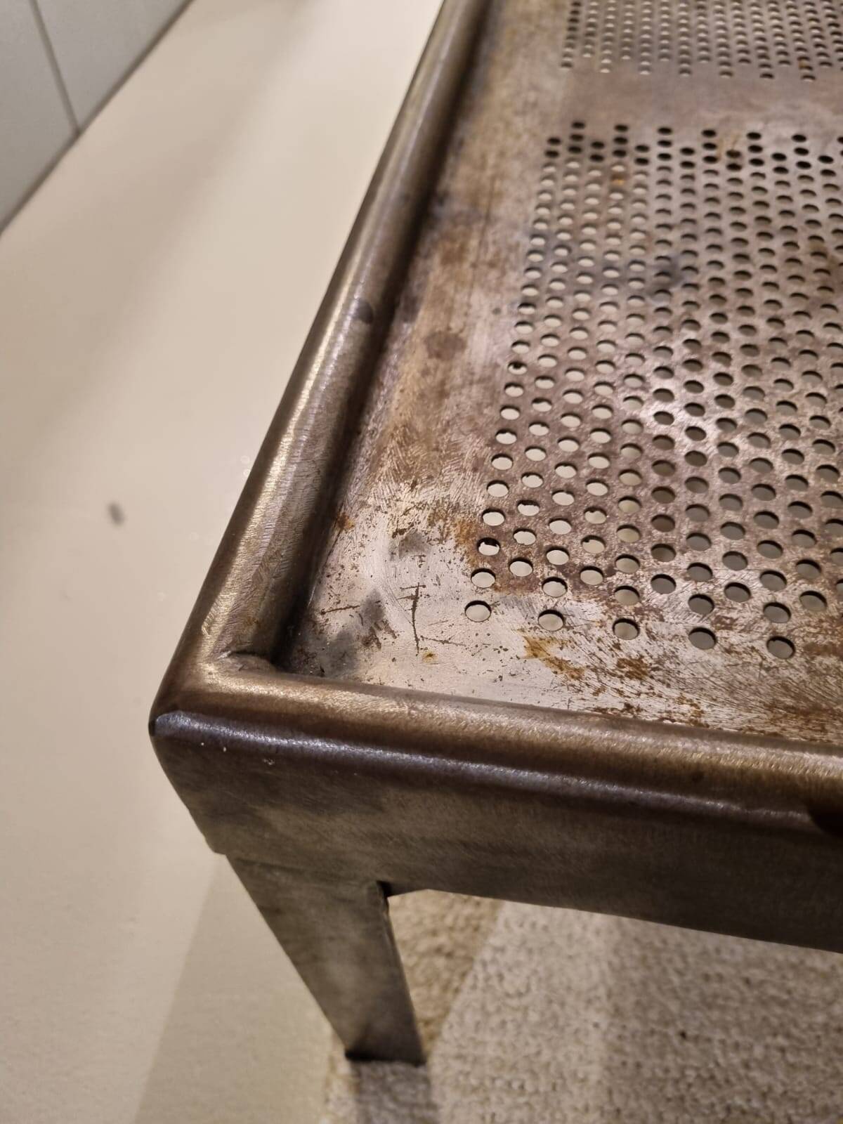 Industrial coffee table | Vintage perforated steel postal sorting table