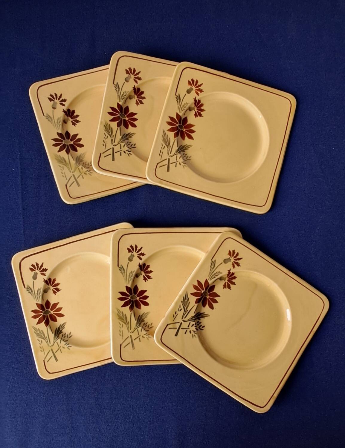 6 square dessert plates, ironstone. 1940s-50s.