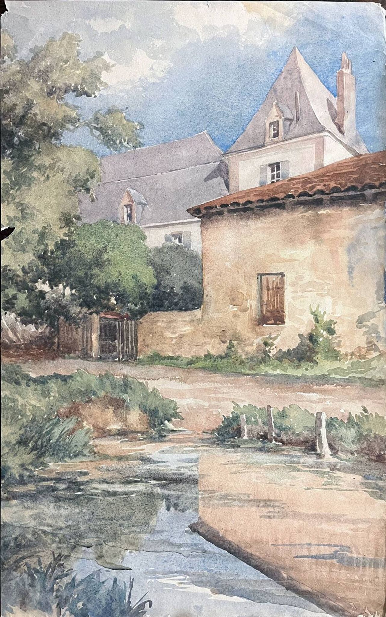 Watercolour painting of a village castle from the early 20th century.