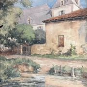 Watercolour painting of a village castle from the early 20th century.