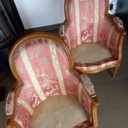 Pair of Louis XVI style armchairs in walnut and pink silk and ecru