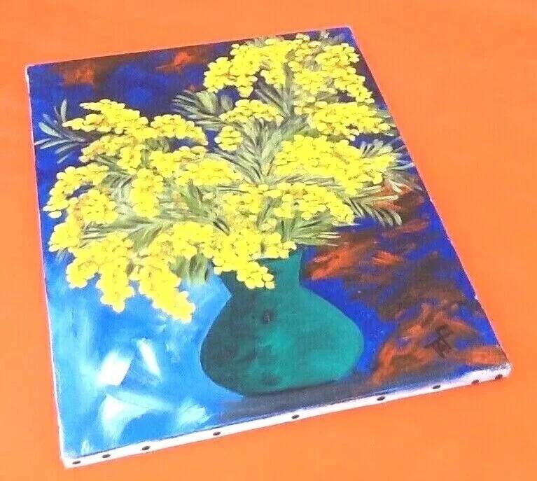 Oil painting on canvas "Bouquet of mimosa" Signed TAF (Gustave Wallet)