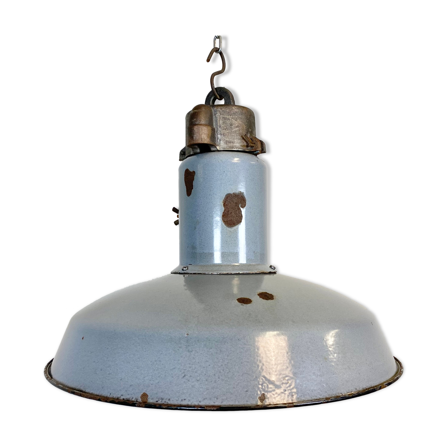 Midcentury grey enamel industrial ceiling lamp, 1950s