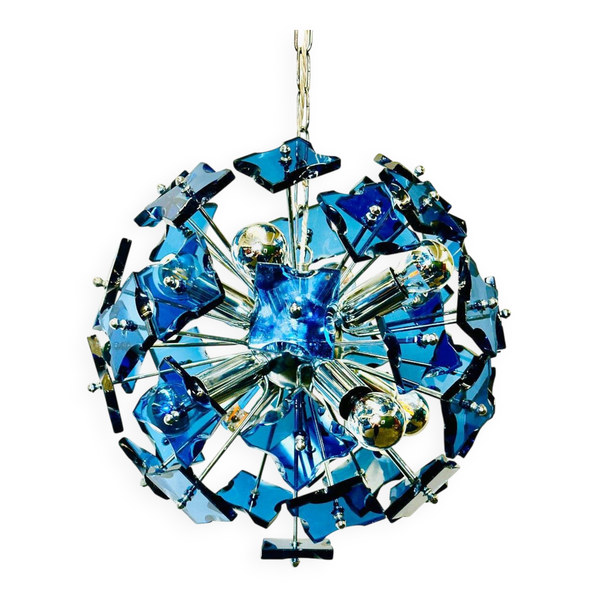 Lustre sculptural italien Spoutnik en verre martelé bleu foncé, années 1980, Italie.