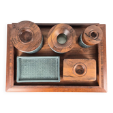 Smoking set in rosewood and glazed blue ceramic by Jens Quistgaard for Kronjyden Nissen, Denmark, 1960.