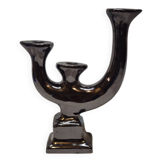 Candle holder in black ceramic iridescent zoomorphic birds stylized vintage 60s