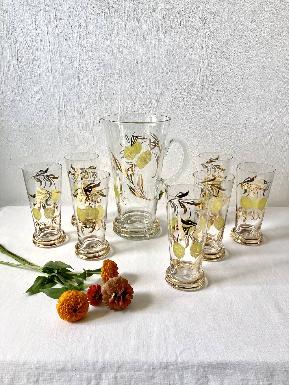 Lemonade service, lemon and golden foliage decor, France, 1960s-70s.