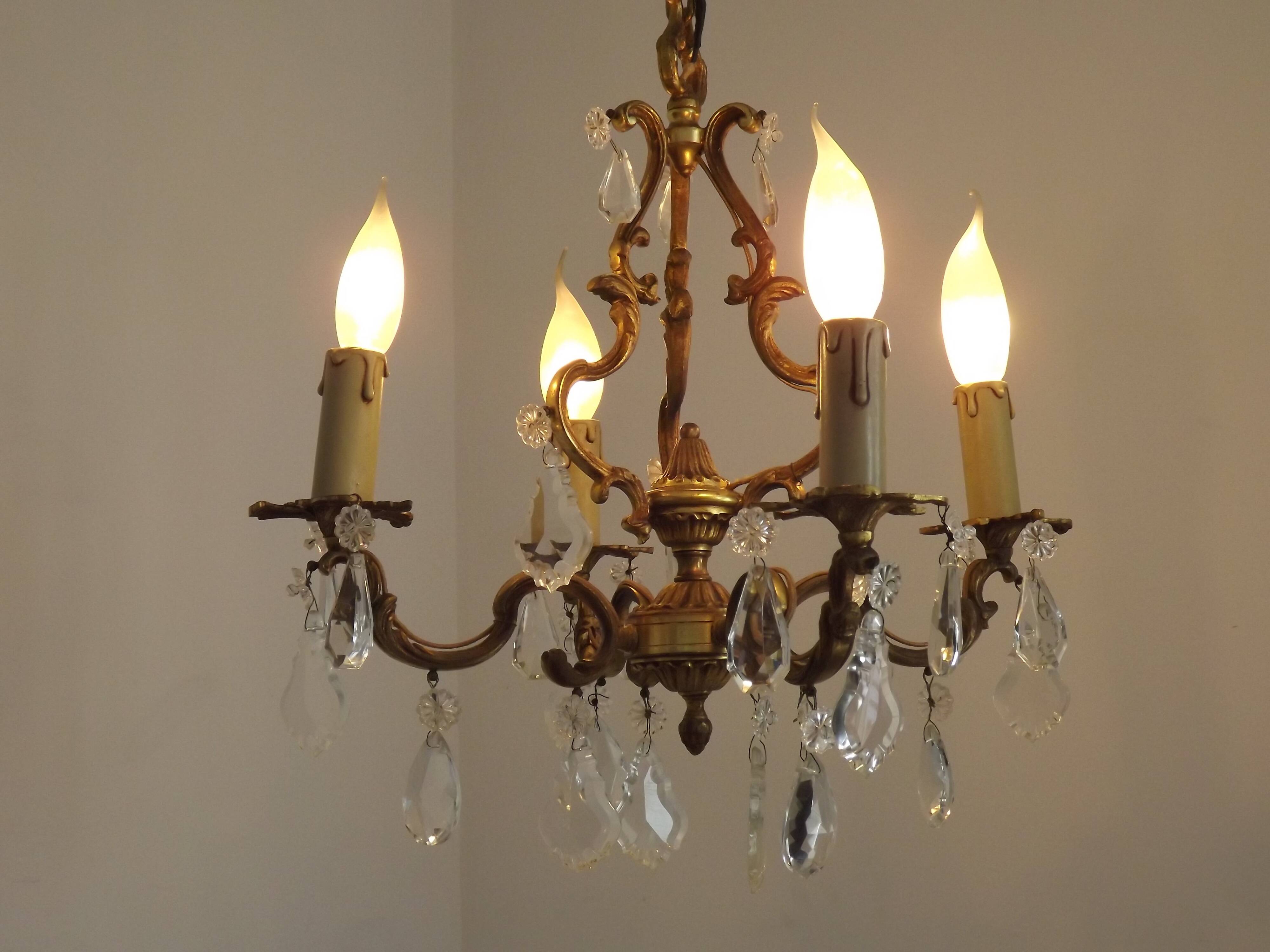 French Antique Art Nouveau 4 Light 3 Side Brass Crystal Cage Chandelier