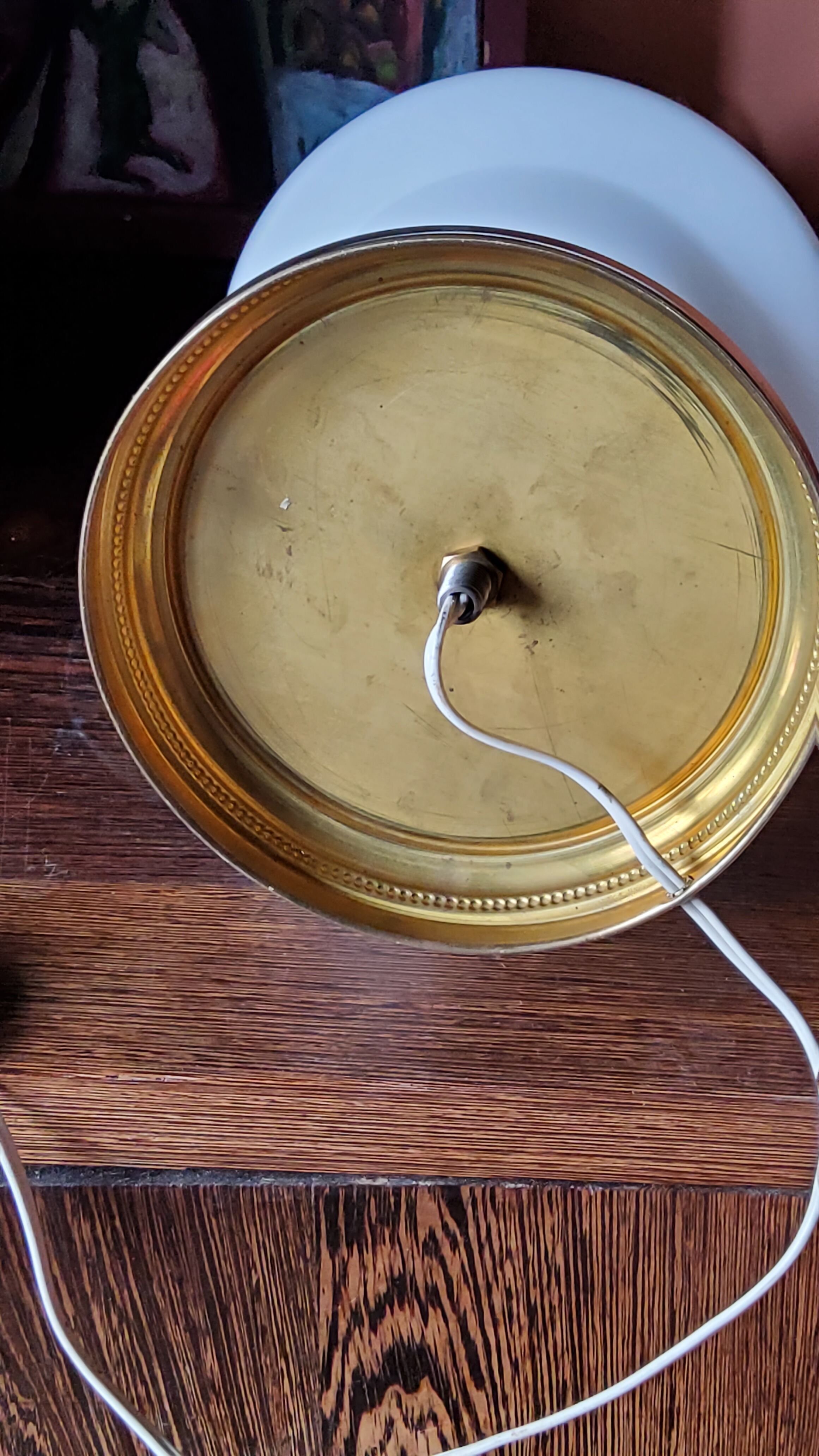 Vintage lamp of the 50s in white and golden opaline glass lampshade in red satin 75cm