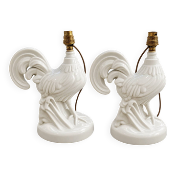Pair of vintage rooster lamps in white glazed ceramic.