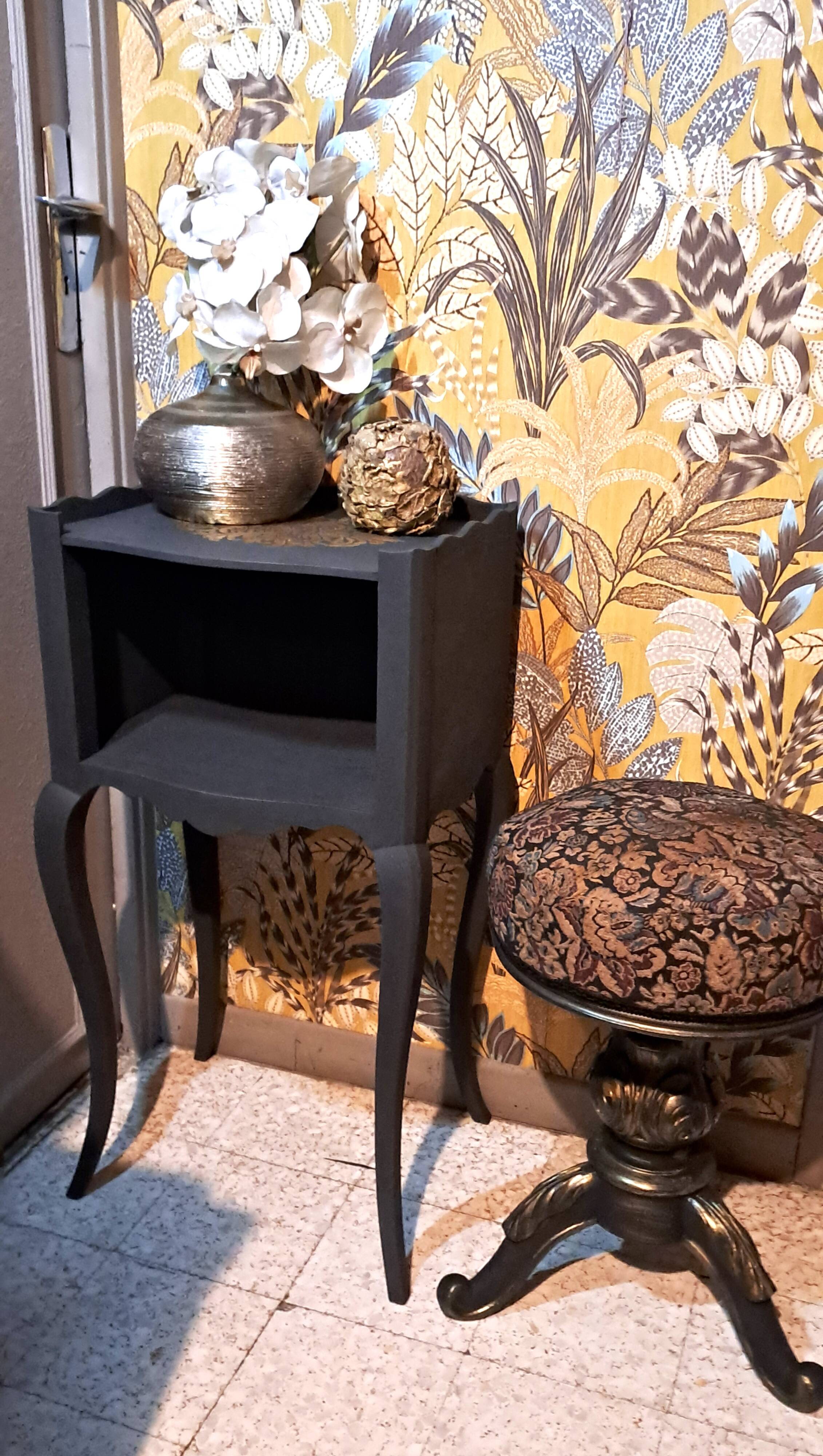 1930 bedside table, repainted wood in black with a golden rose motif.