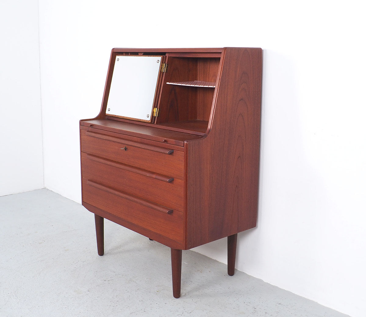 Danish teak secretaire with mirror and pull out desk, 1960s Danish teak secretaire with mirror
