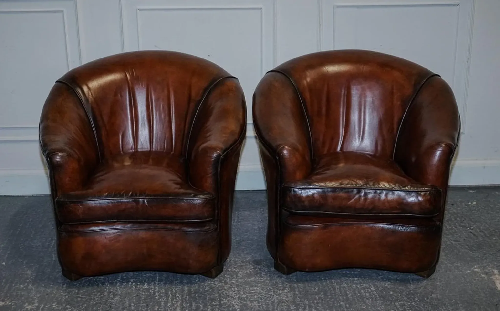 Art Deco Hand-Dyed Whisky Brown Sofa, Armchairs and Ottomans, 1920s, Set of 5
