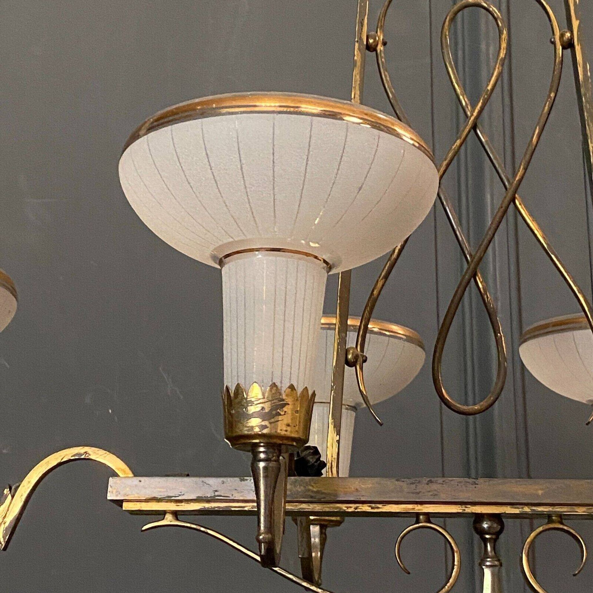 Chandelier in gilded metal 1950 6 lights cut in frosted glass