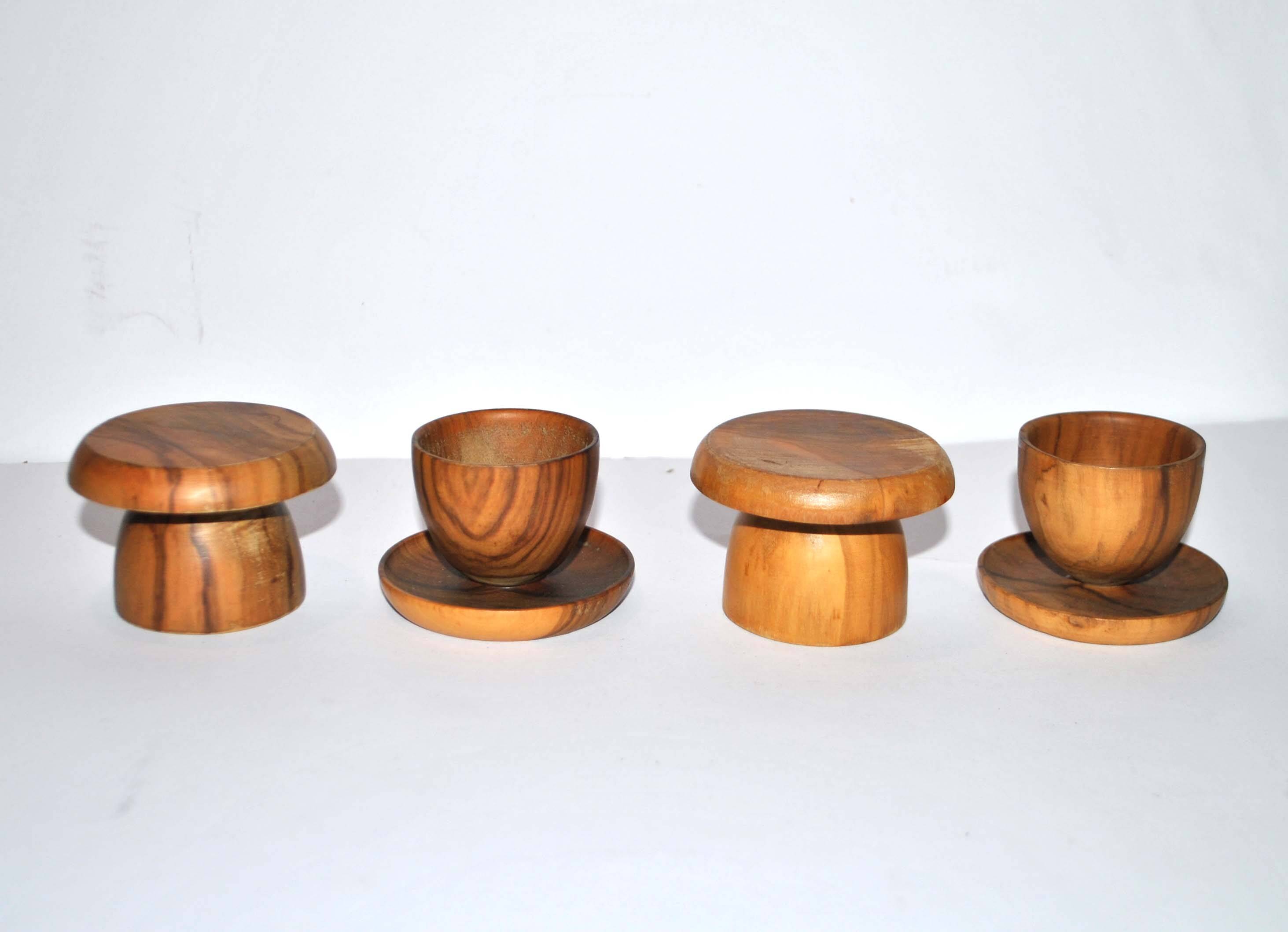 Set of 4 vintage mushroom egg cups in olive wood 4.5cm
