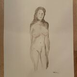Tableau signé aquarelle monochrome sépia portrait féminin «  dans les yeux »