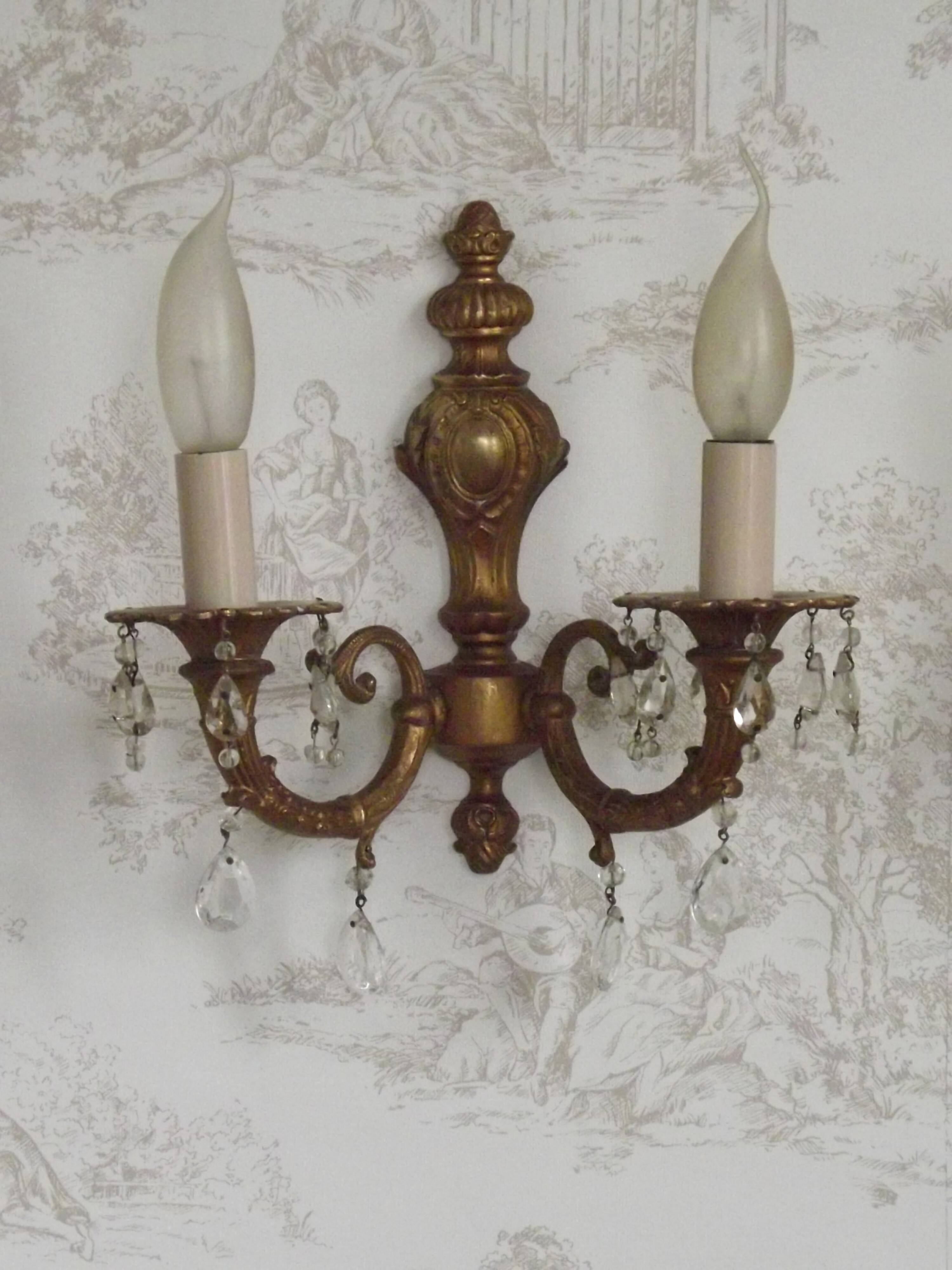 Pair French Vintage Bronze Double Wall Lights Assorted Crystal Drops 5352