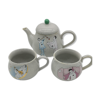 Teapot and two ceramic cups Korea vintage Pierrot Colombine