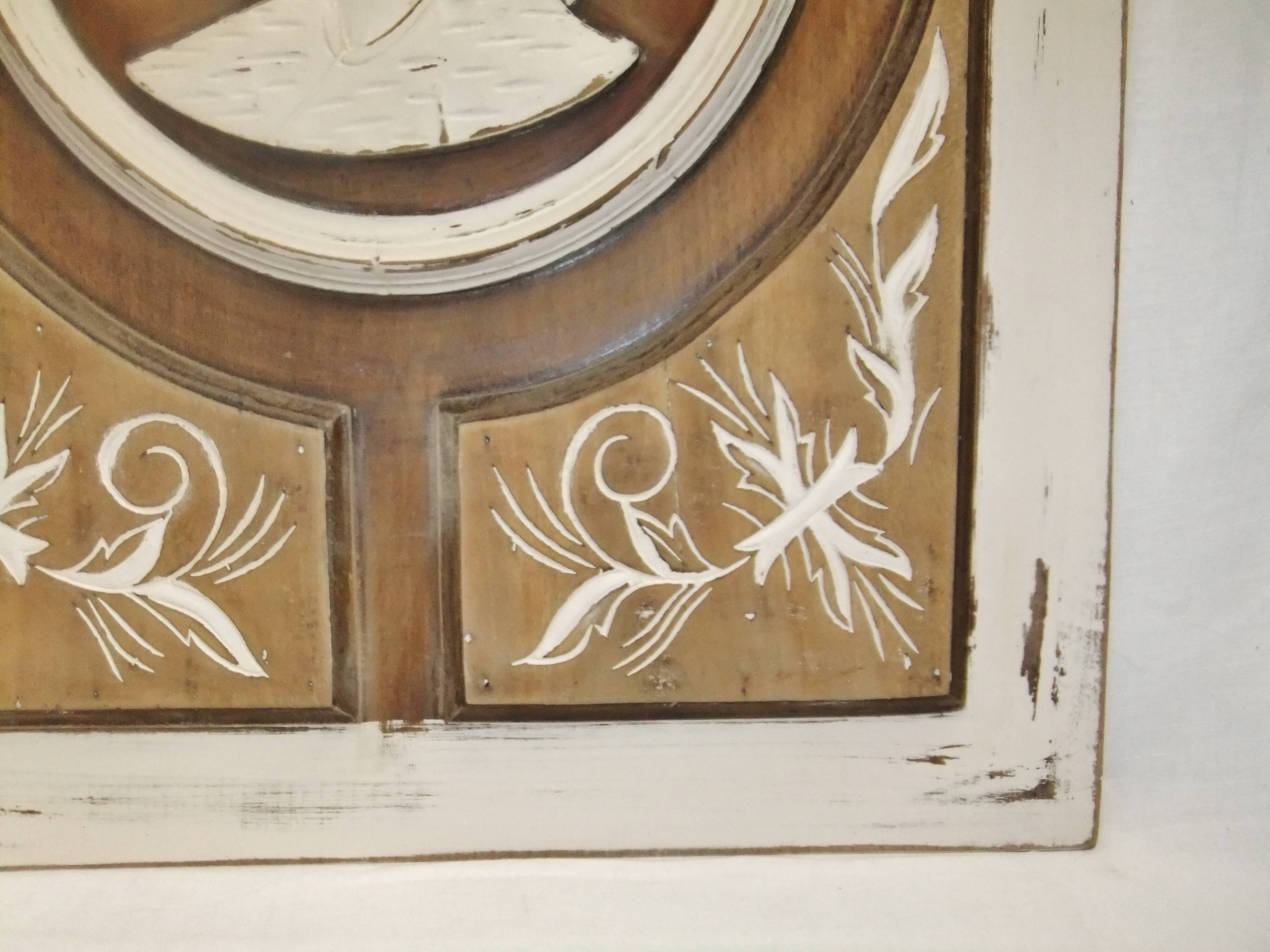 Large bas relief painting medallion woman patina wooden frame ornament