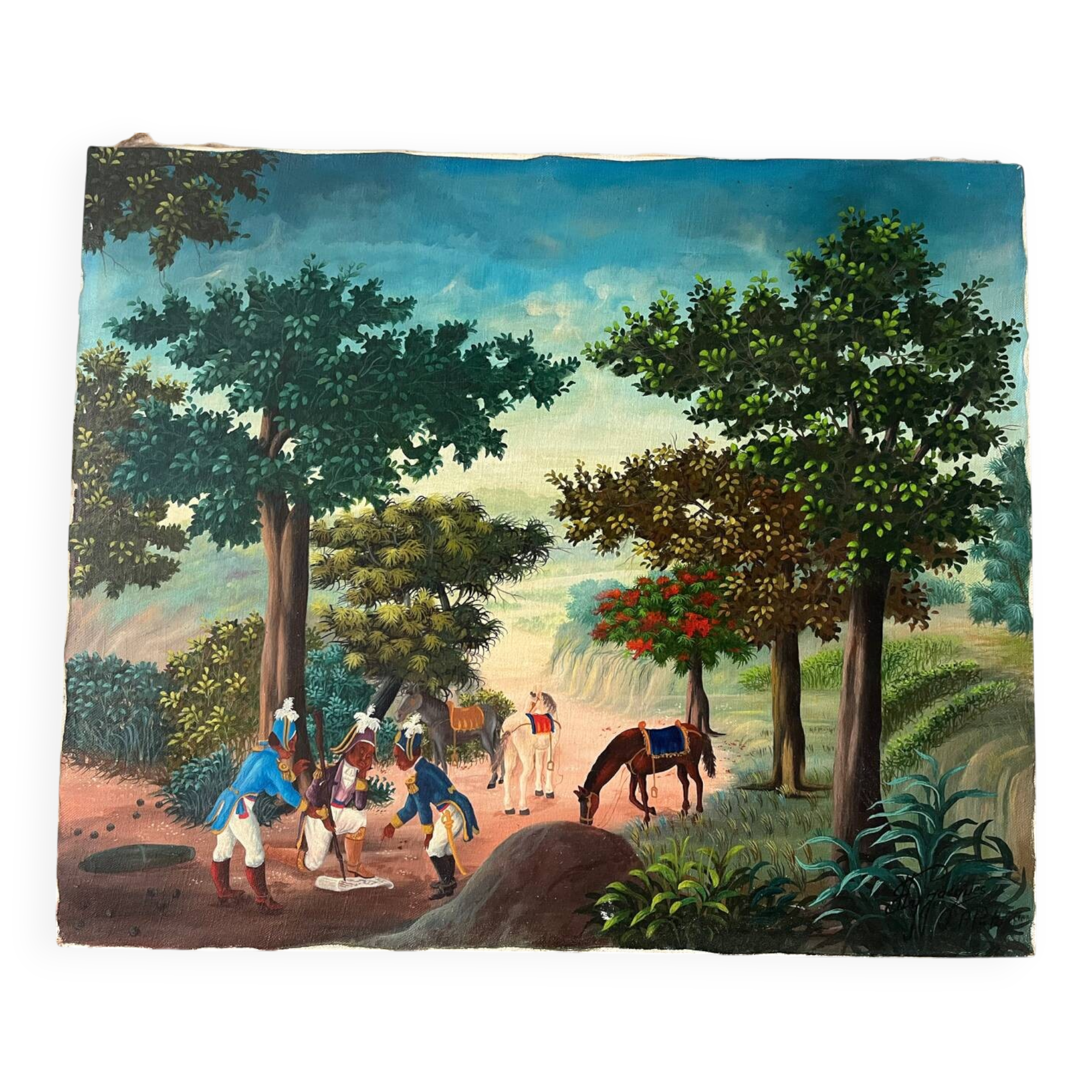 Soldiers and horses lost in the forest, signed